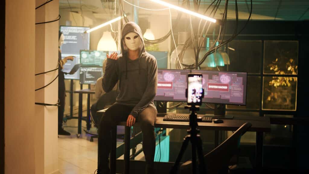 Dangerous masked adult broadcasting hacktivism video to receive ransom
