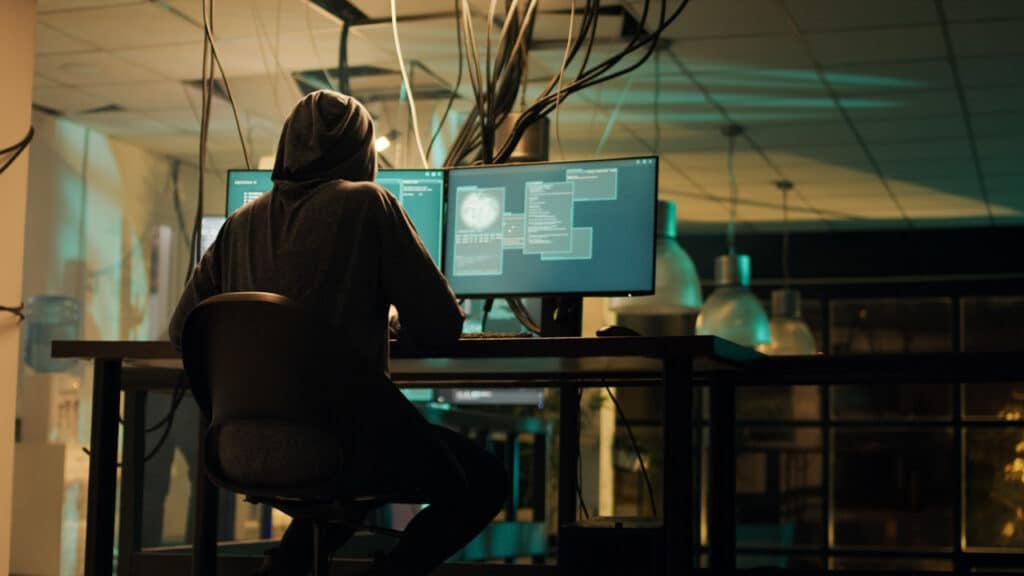 Female thief planning cyberwarfare and hacktivism at night