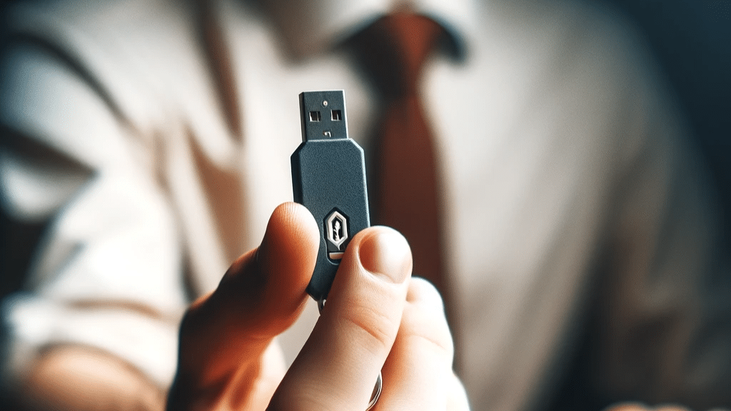 A man holding a hardware security key.