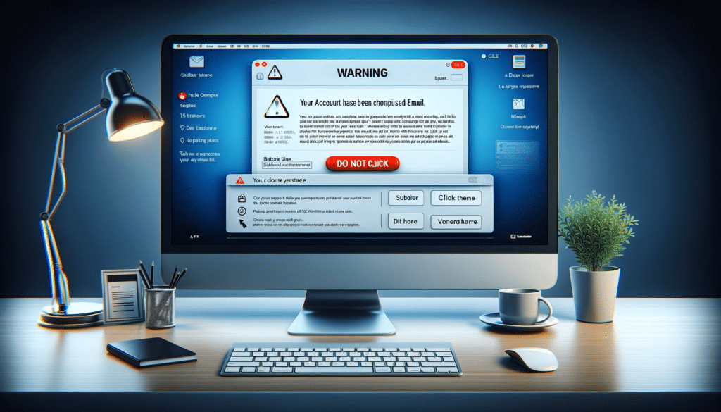 A computer screen displaying a virus warning during a phishing simulation test.