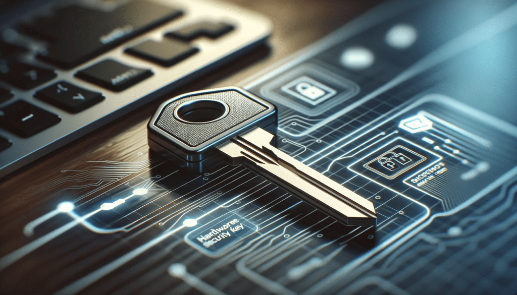 A security key sitting next to a computer keyboard on a circuit board concept