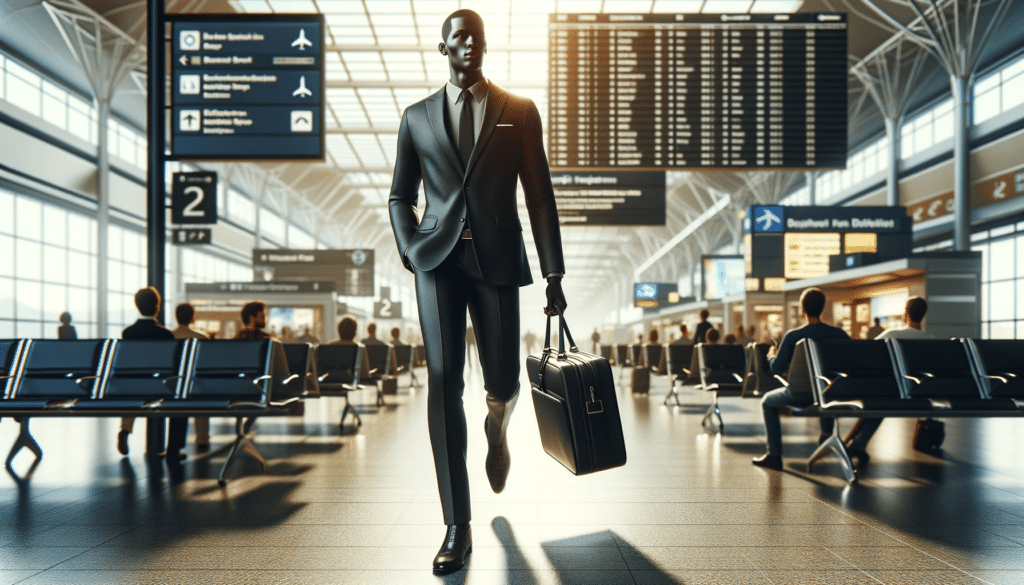 a businessman walking through an airport with a laptop bag