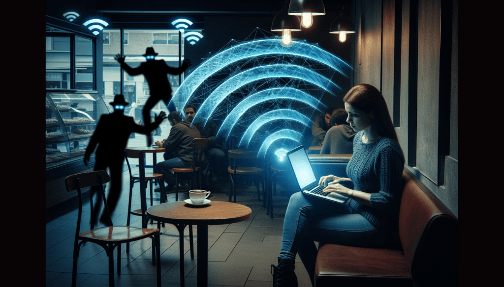 Illustration of a person using a laptop in a coffee shop