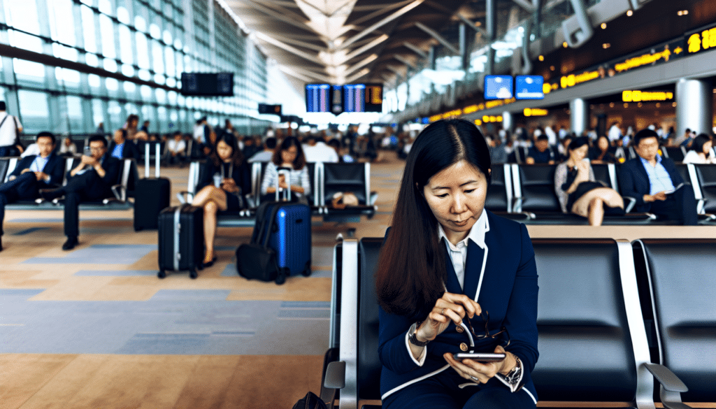 Photo of a business traveler using a smartphone in an airport