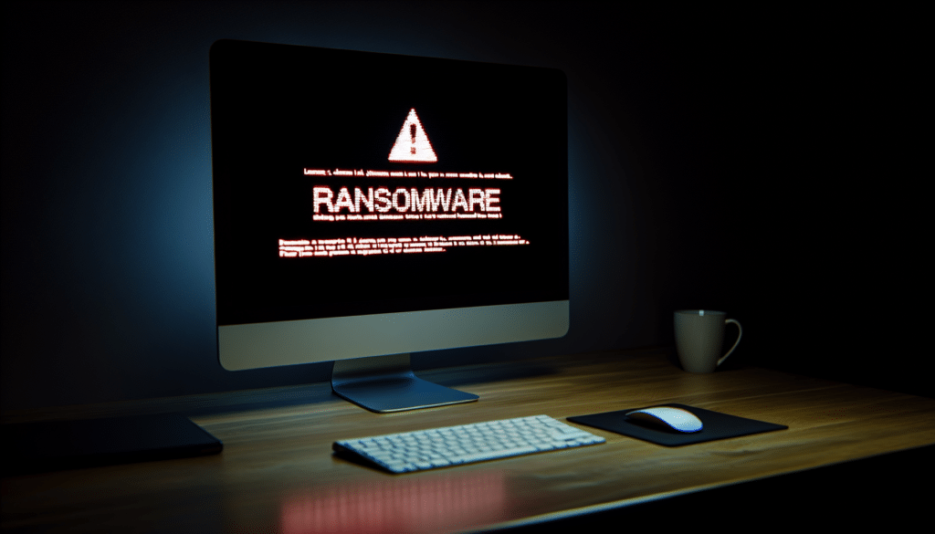 Photo of a computer with a ransomware warning message on the screen