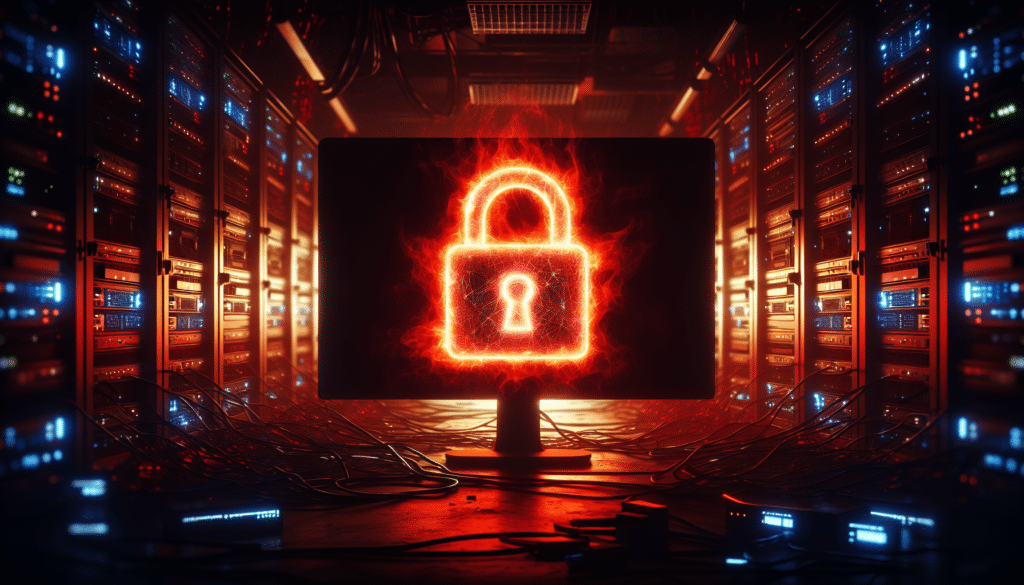 Illustration of a computer screen with a locked padlock symbol representing ransomware encryption